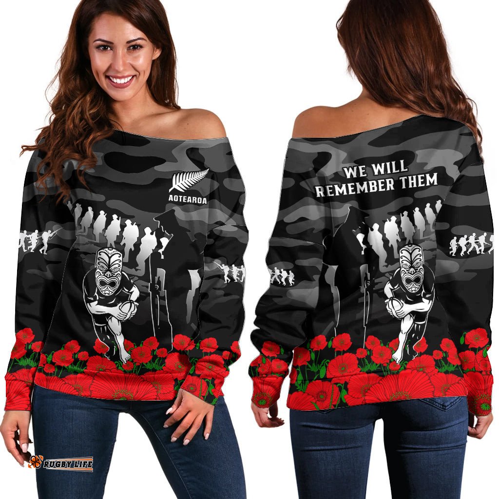 New Zealand ANZAC Rugby Off Shoulder Sweater Silver Fern All Black Camouflage Mix Poppy