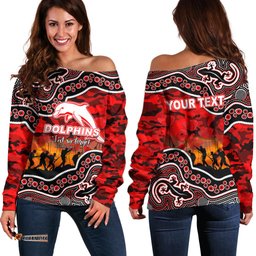 Custom Personalised Anzac Day NRL Dolphins Off Shoulder Sweater Aboriginal Lizard Patterns