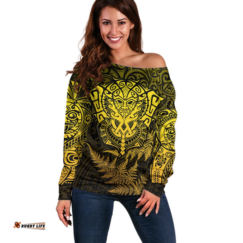New Zealand Rugby Off Shoulder Sweater Silver Fern All Black Mix Ta Moko Gold Style 03