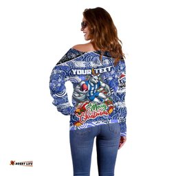 Custom Kangaroos Football Merry Christmas Off Shoulder Sweater Indigenous Australian Art