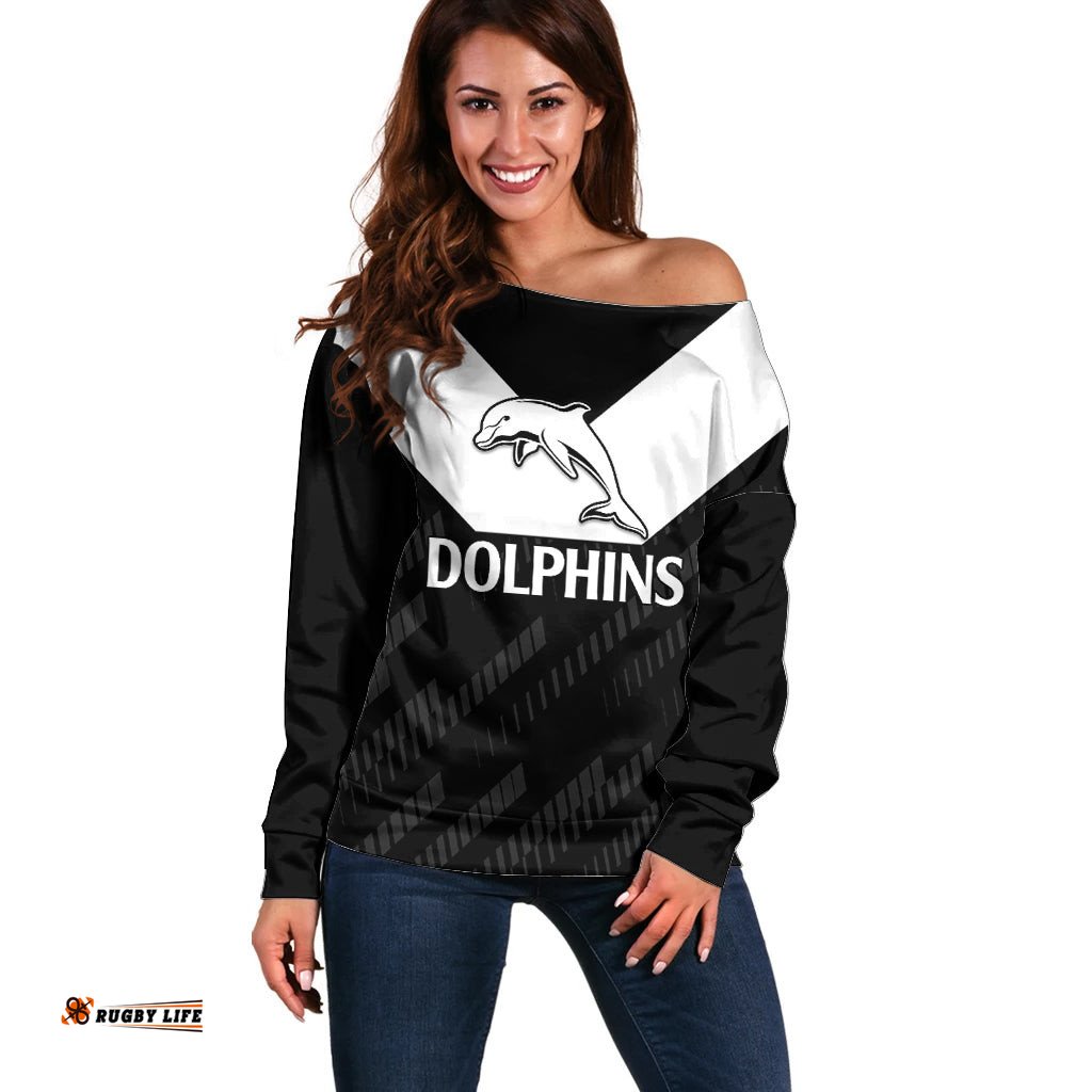 Custom Text And Number NRL Dolphins Rugby Off Shoulder Sweater Simple Black Style 2023