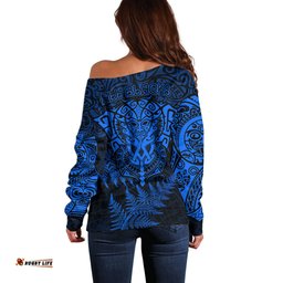 New Zealand Rugby Off Shoulder Sweater Silver Fern All Black Mix Ta Moko Blue Style