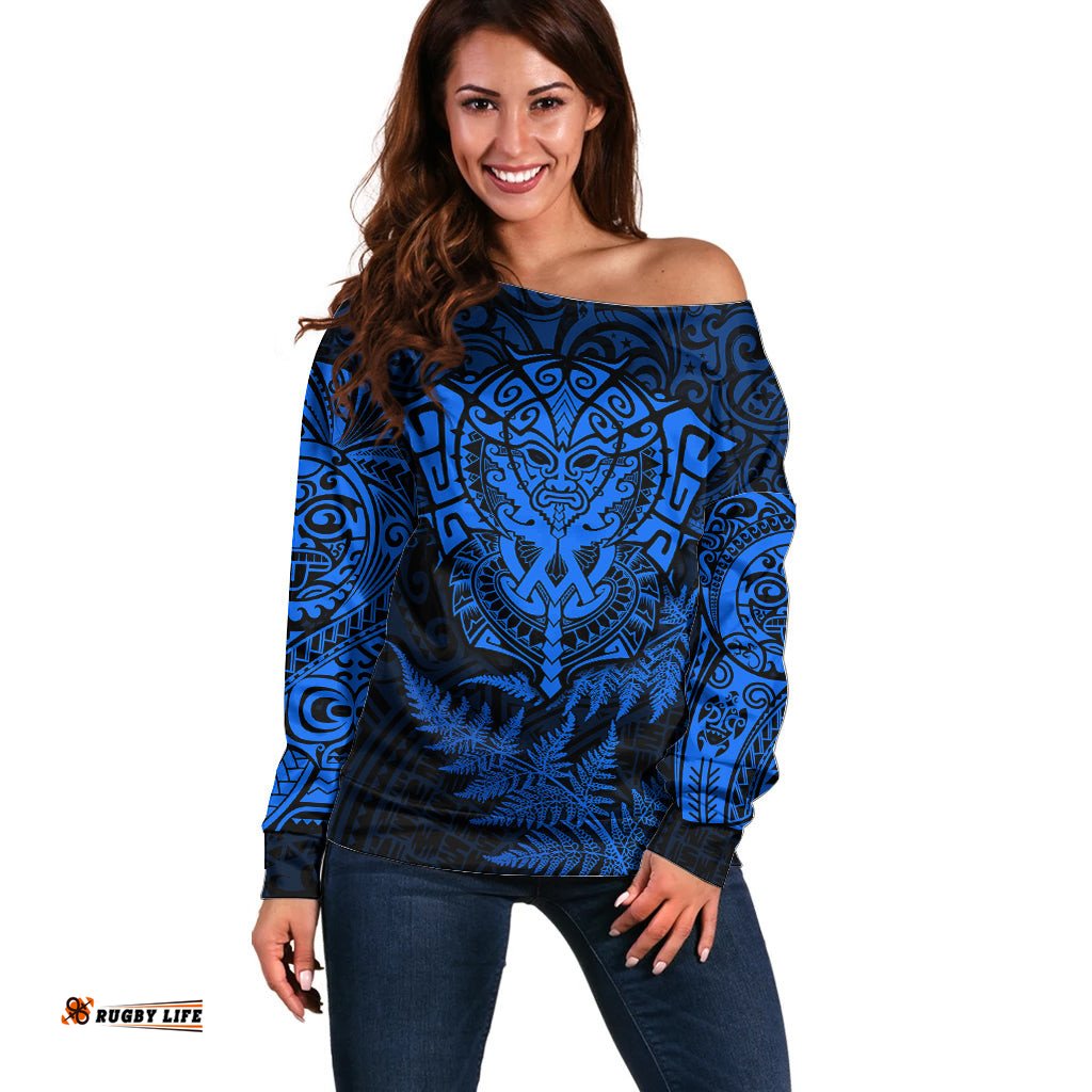 New Zealand Rugby Off Shoulder Sweater Silver Fern All Black Mix Ta Moko Blue Style
