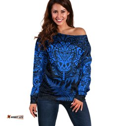 New Zealand Rugby Off Shoulder Sweater Silver Fern All Black Mix Ta Moko Blue Style
