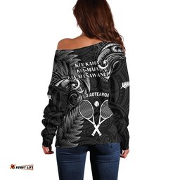 New Zealand Tiki Tennis Off Shoulder Sweater 2024 Aotearoa Tenehi Maori Silver Fern Black