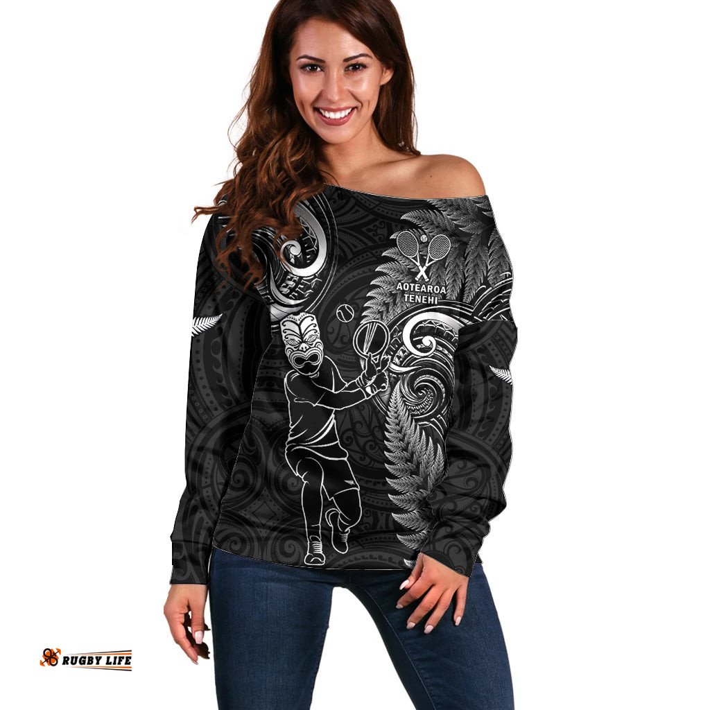 New Zealand Tiki Tennis Off Shoulder Sweater 2024 Aotearoa Tenehi Maori Silver Fern Black