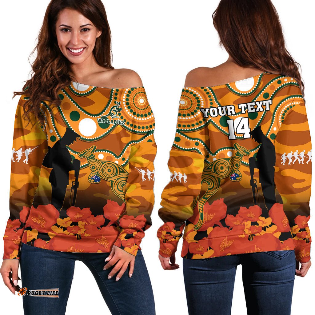 Custom Text And Number Wallabies Rugby ANZAC Off Shoulder Sweater Aboriginal Camouflage Lest We Forget