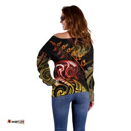 New Zealand Off Shoulder Sweater Aotearoa Wisdom Face Maori Fern Tattoo Arty