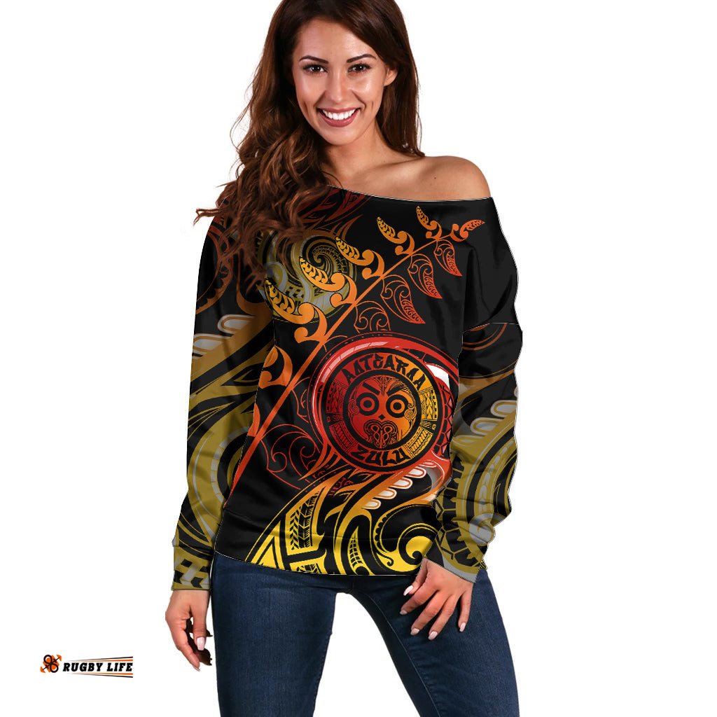 New Zealand Off Shoulder Sweater Aotearoa Wisdom Face Maori Fern Tattoo Arty