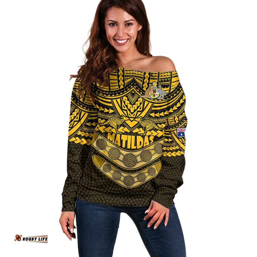 Matildas Soccer Off Shoulder Sweater Polynesian and Aboriginal Gold Vibe