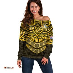 Matildas Soccer Off Shoulder Sweater Polynesian and Aboriginal Gold Vibe