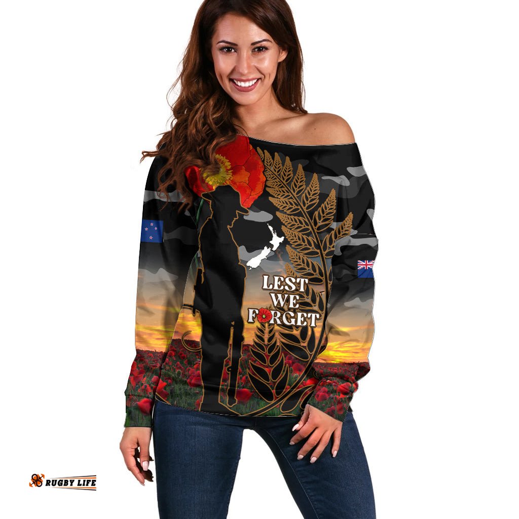 New Zealand ANZAC Day Off Shoulder Sweater Lest We Forget Silver Fern With Camouflage