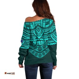Matildas Soccer Off Shoulder Sweater Polynesian and Aboriginal Turquoise Vibe