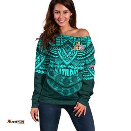 Matildas Soccer Off Shoulder Sweater Polynesian and Aboriginal Turquoise Vibe