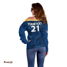 Custom Text And Number Parramatta Eels Rugby Off Shoulder Sweater Simple Hawaiian Palms Leaf