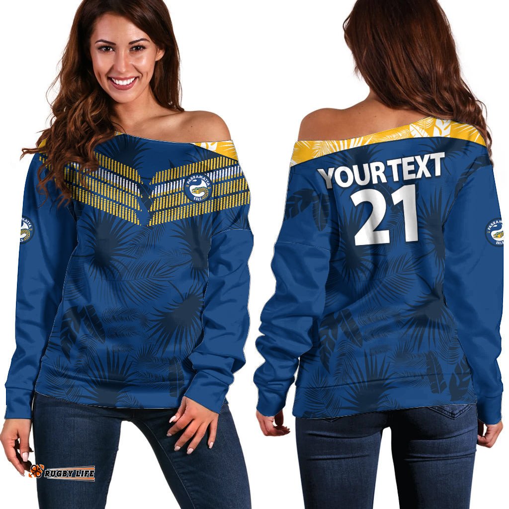 Custom Text And Number Parramatta Eels Rugby Off Shoulder Sweater Simple Hawaiian Palms Leaf