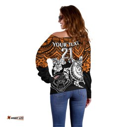 Custom Wests Tigers Rugby Off Shoulder Sweater Hibiscus and Turtle With Polynesian Pattern