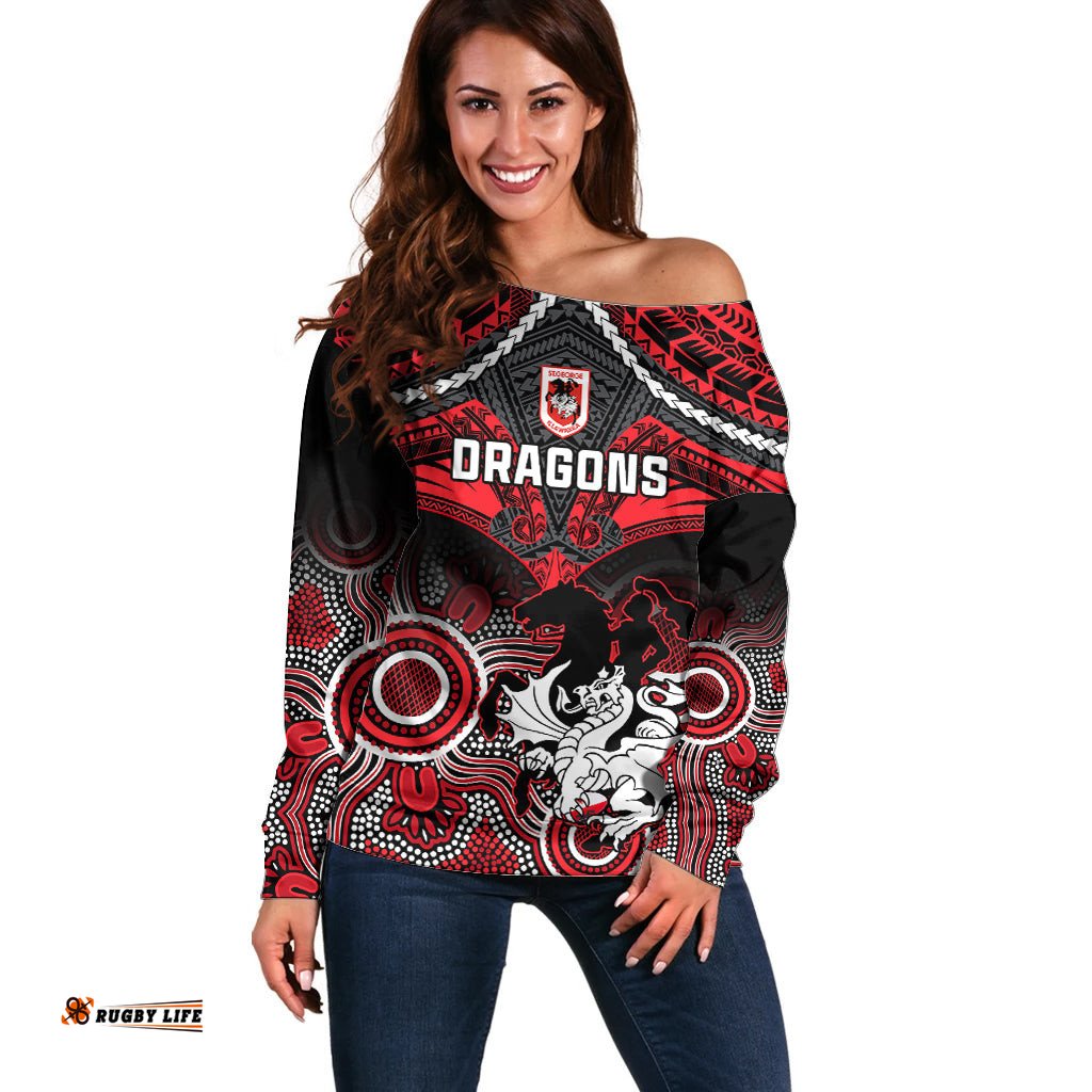 Dragons Rugby Off Shoulder Sweater Saints 1998 Aboriginal Mix Polynesian Pattern