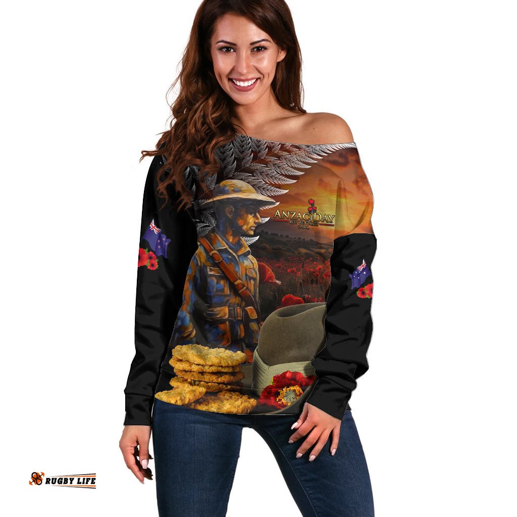 Slouch Hat and Biscuits ANZAC Off Shoulder Sweater with Soldier Silver Fern