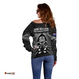New Zealand Aotearoa Rugby Off Shoulder Sweater NZ Tiki With Maori Fern World Cup Black Version
