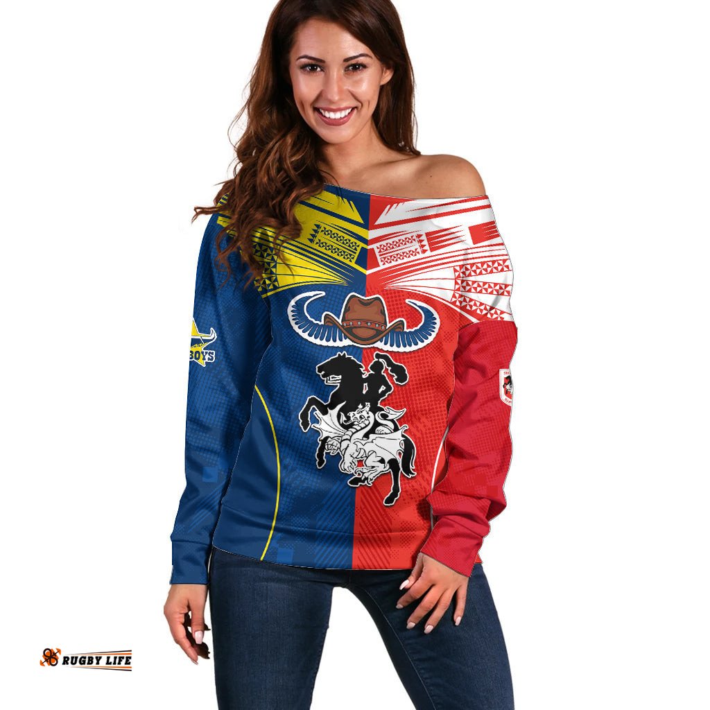 NRL Cowboys Combine Dragon Rugby Off Shoulder Sweater Sporty Style