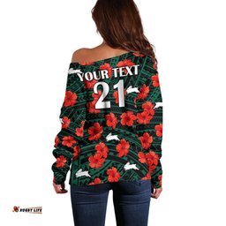 Custom Text And Number Rabbitohs Rugby Off Shoulder Sweater Polynesian Style With Hibiscus