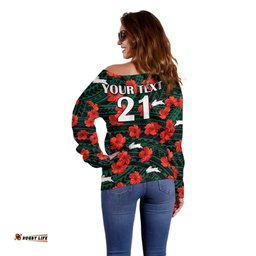 Custom Text And Number Rabbitohs Rugby Off Shoulder Sweater Polynesian Style With Hibiscus