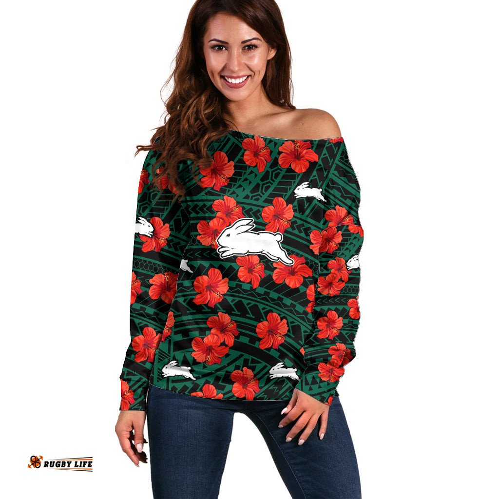 Custom Text And Number Rabbitohs Rugby Off Shoulder Sweater Polynesian Style With Hibiscus