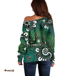 NAIDOC Week 2024 Fire Burning Off Shoulder Sweater Aboriginal Dots Green Art