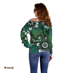 NAIDOC Week 2024 Fire Burning Off Shoulder Sweater Aboriginal Dots Green Art