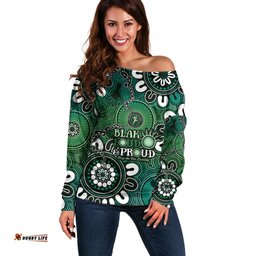 NAIDOC Week 2024 Fire Burning Off Shoulder Sweater Aboriginal Dots Green Art