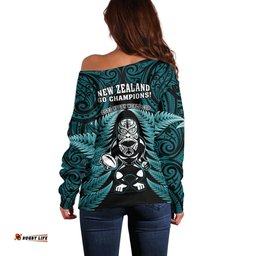New Zealand Aotearoa Rugby Off Shoulder Sweater NZ Tiki With Maori Fern World Cup Turquoise Version