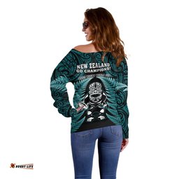 New Zealand Aotearoa Rugby Off Shoulder Sweater NZ Tiki With Maori Fern World Cup Turquoise Version