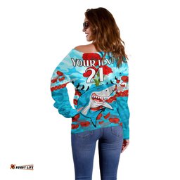 Custom Text And Number Sharks Rugby ANZAC Off Shoulder Sweater Lest We Forget