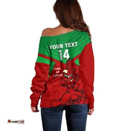 Custom Wales Rugby Off Shoulder Sweater 2024 Six Nations Come On Cymru Mascot Sporty