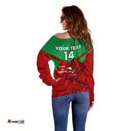 Custom Wales Rugby Off Shoulder Sweater 2024 Six Nations Come On Cymru Mascot Sporty