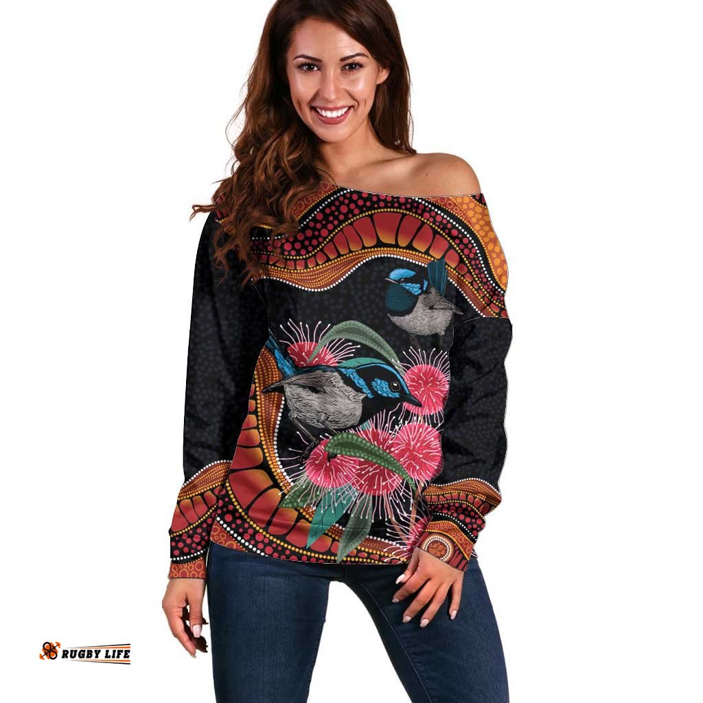 Hakea Flower And Fairy Wren Australia Off Shoulder Sweater Aboriginal Art