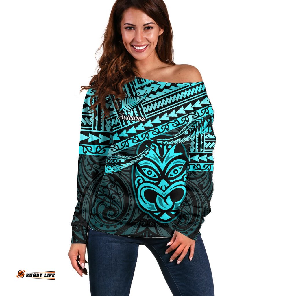 Personalised Matariki New Zealand Off Shoulder Sweater Maori New Year Tiki Turquoise Version