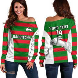 Custom Text And Number Rabbitohs Rugby Off Shoulder Sweater Go Souths 1908 Sporty Style White