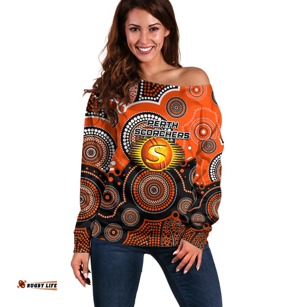 Custom Text And Number Perth Scorchers BBL Off Shoulder Sweater Aboriginal Patterns