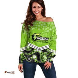 Custom Thunder Cricket Christmas Off Shoulder Sweater Merry Xmas Indigenous Art