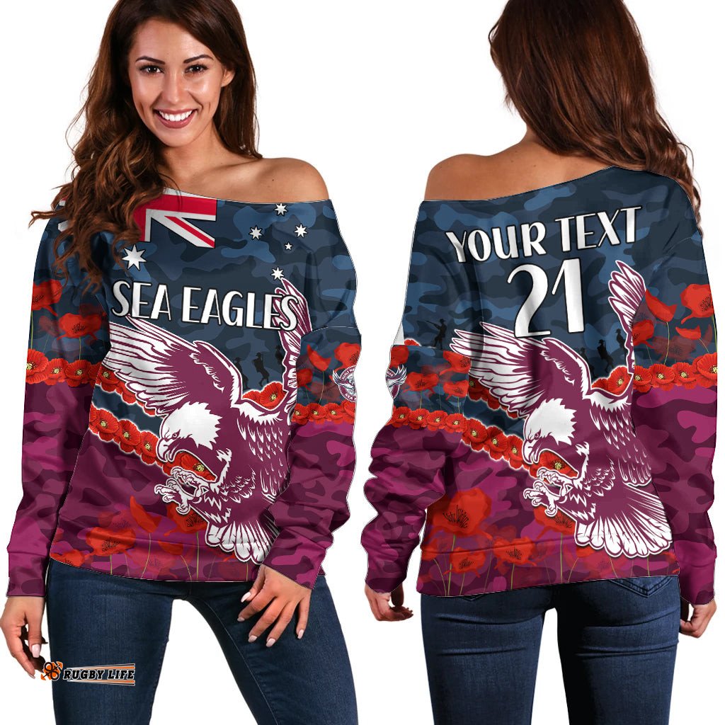 Custom Text And Number Sea Eagles Rugby ANZAC Off Shoulder Sweater Lest We Forget