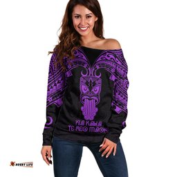 Personalised New Zealand Te Reo Maori Off Shoulder Sweater Kia Kaha Maori Language Week Purple Style