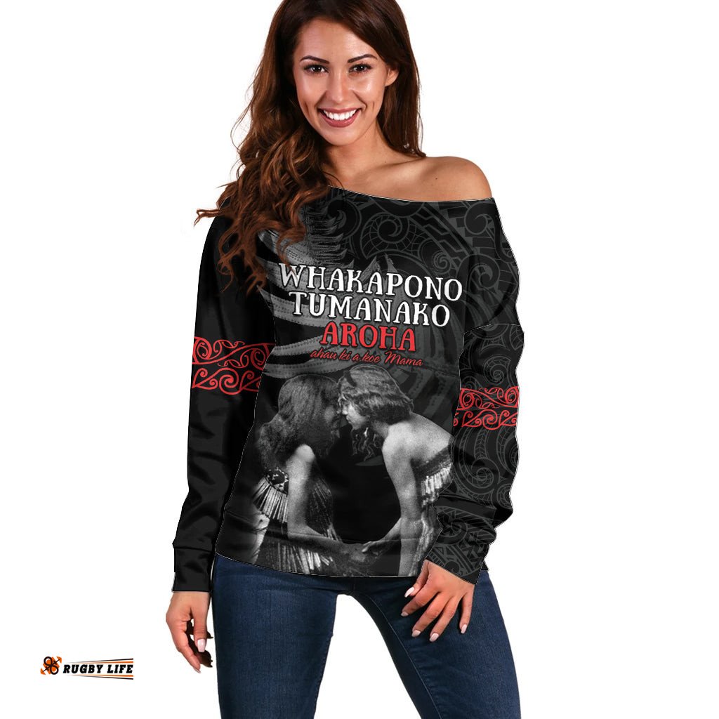 New Zealand Mother's Day Off Shoulder Sweater Maori Hongi Aroha Ahau Ki A Koe Mama