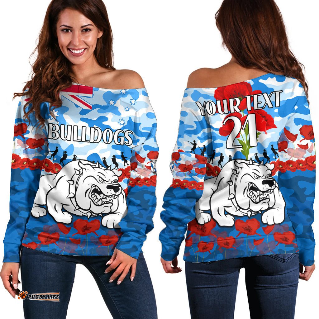 Custom Text And Number Bulldogs Rugby ANZAC Off Shoulder Sweater Lest We Forget