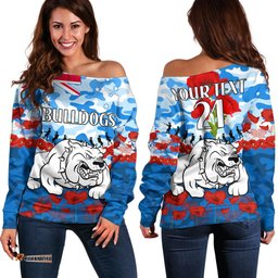 Custom Text And Number Bulldogs Rugby ANZAC Off Shoulder Sweater Lest We Forget