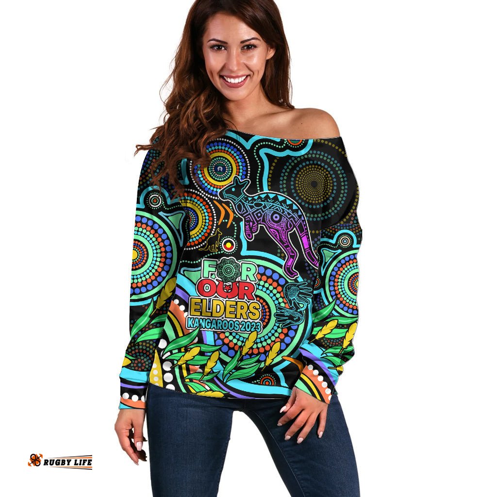 Kangaroos Football Aboriginal Art Off Shoulder Sweater NAIDOC Indigenous Tribal