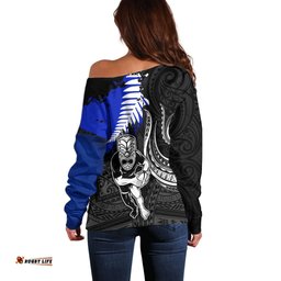 Personalised Aotearoa Rugby Off Shoulder Sweater All Black Maori Fern