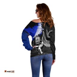 Personalised Aotearoa Rugby Off Shoulder Sweater All Black Maori Fern