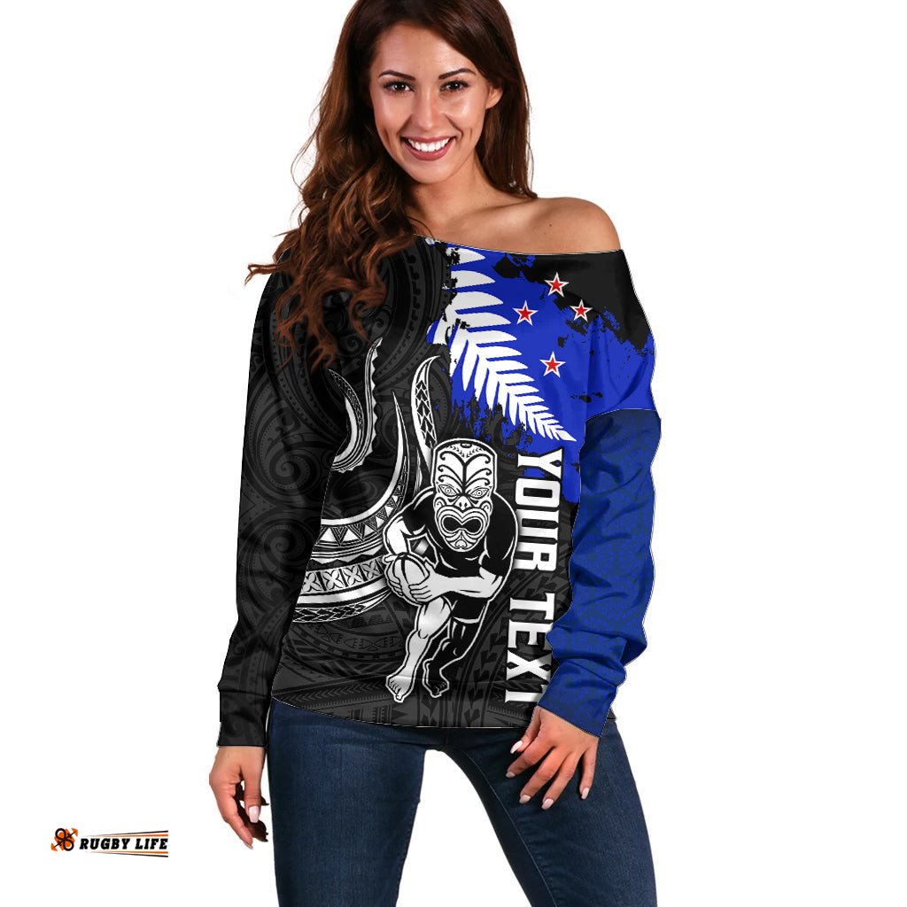 Personalised Aotearoa Rugby Off Shoulder Sweater All Black Maori Fern